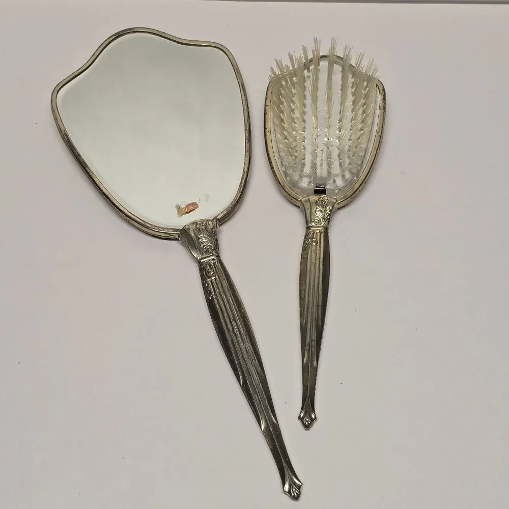 Matson Fifth Avenue Ormolu Metal Hand Mirror & Brush Hollywood Regency Vintage